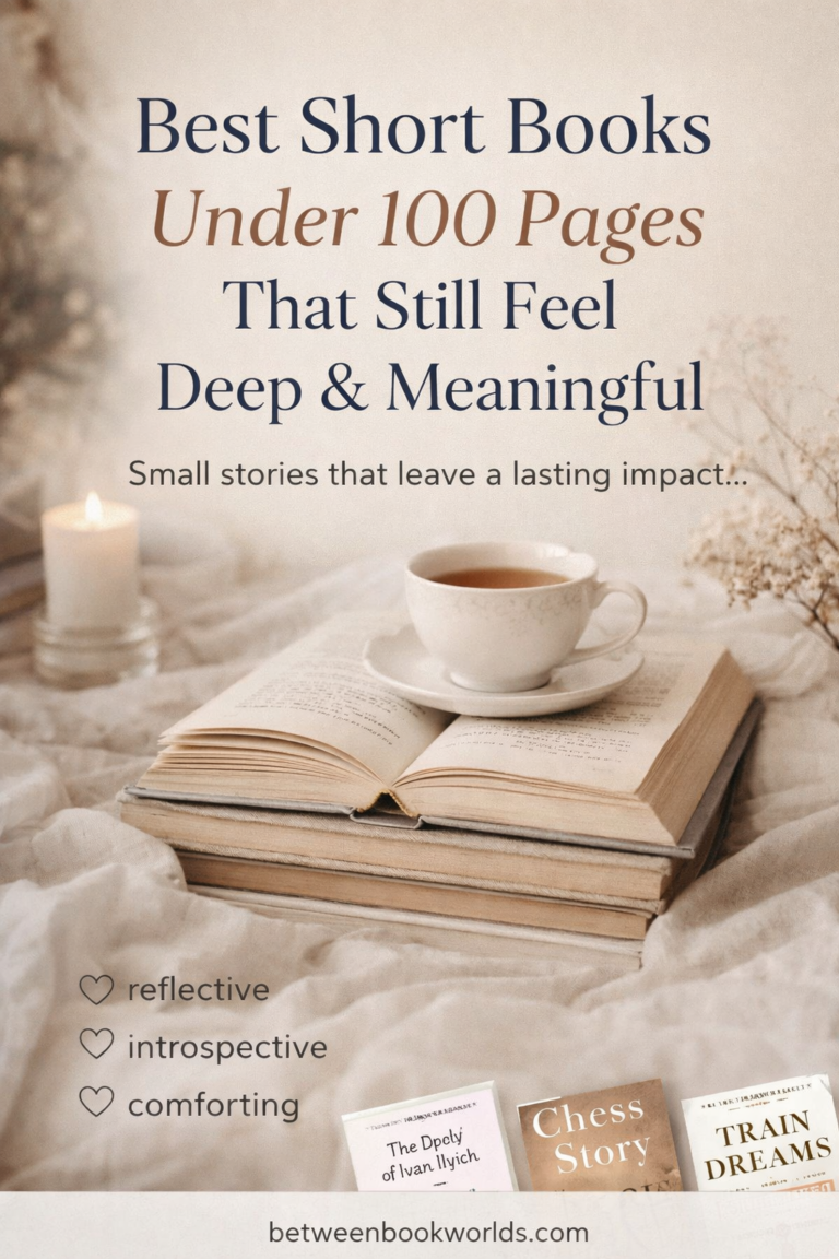 Aesthetic cozy reading scene with an open book, tea, and candle, promoting short books under 100 pages that are emotionally deep, reflective, and meaningful.