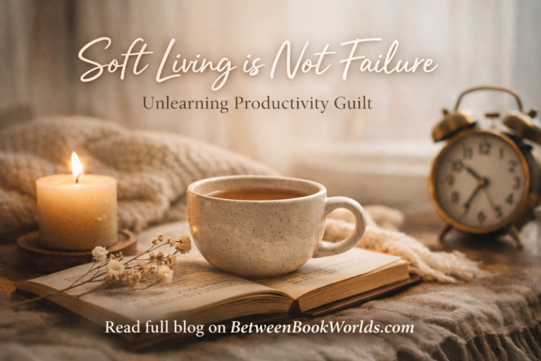 Soft living aesthetic with book and tea representing rest, slow living, and freedom from productivity guilt